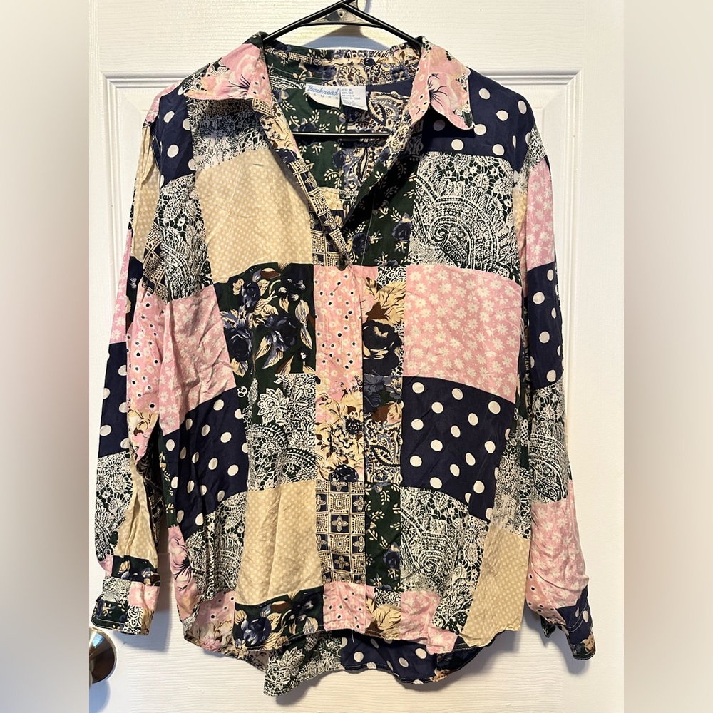 Vintage 90s Backroad Blues Silk Patchwork Blouse Medium